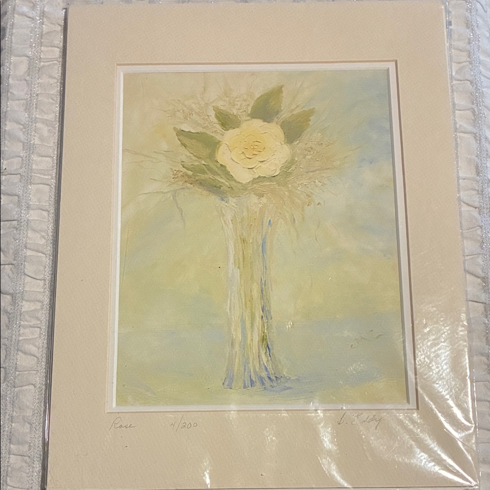 Serene Floral Art Print with Cream and Green Hues With Matte Frame
